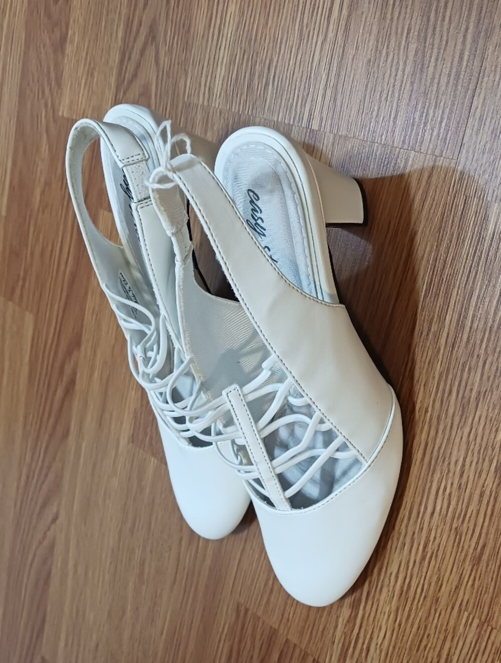 White Slingback Lace-Up Block Heel Pumps